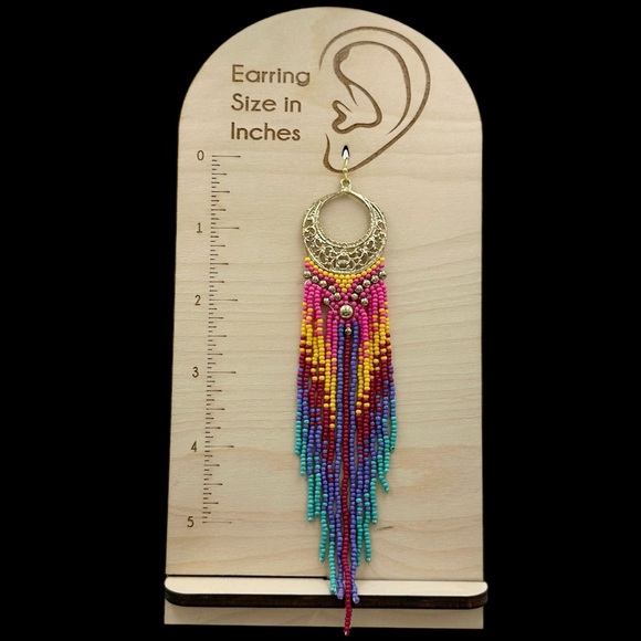 Long Shoulder Duster Seed Bead Multi Color Statement Tassel Fringe Earrings - Picture 2 of 3